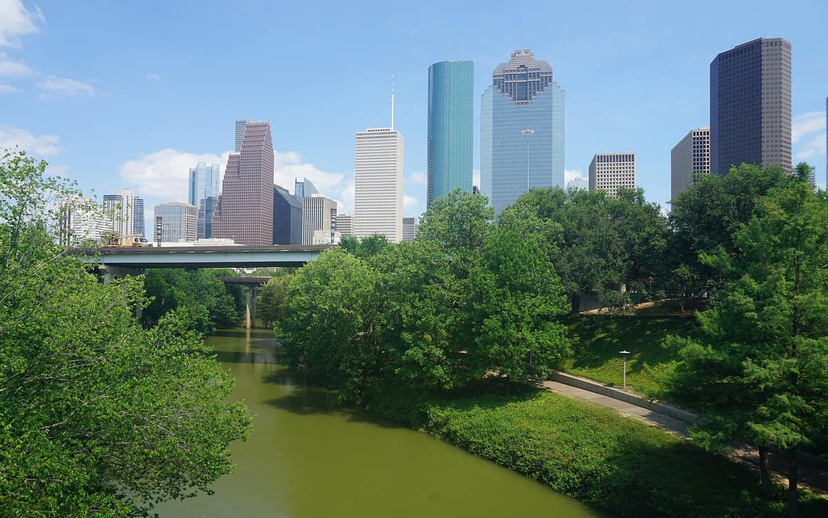 Buffalo Bayou and the downtown Houston skyline seen from Buffalo Bayou Park