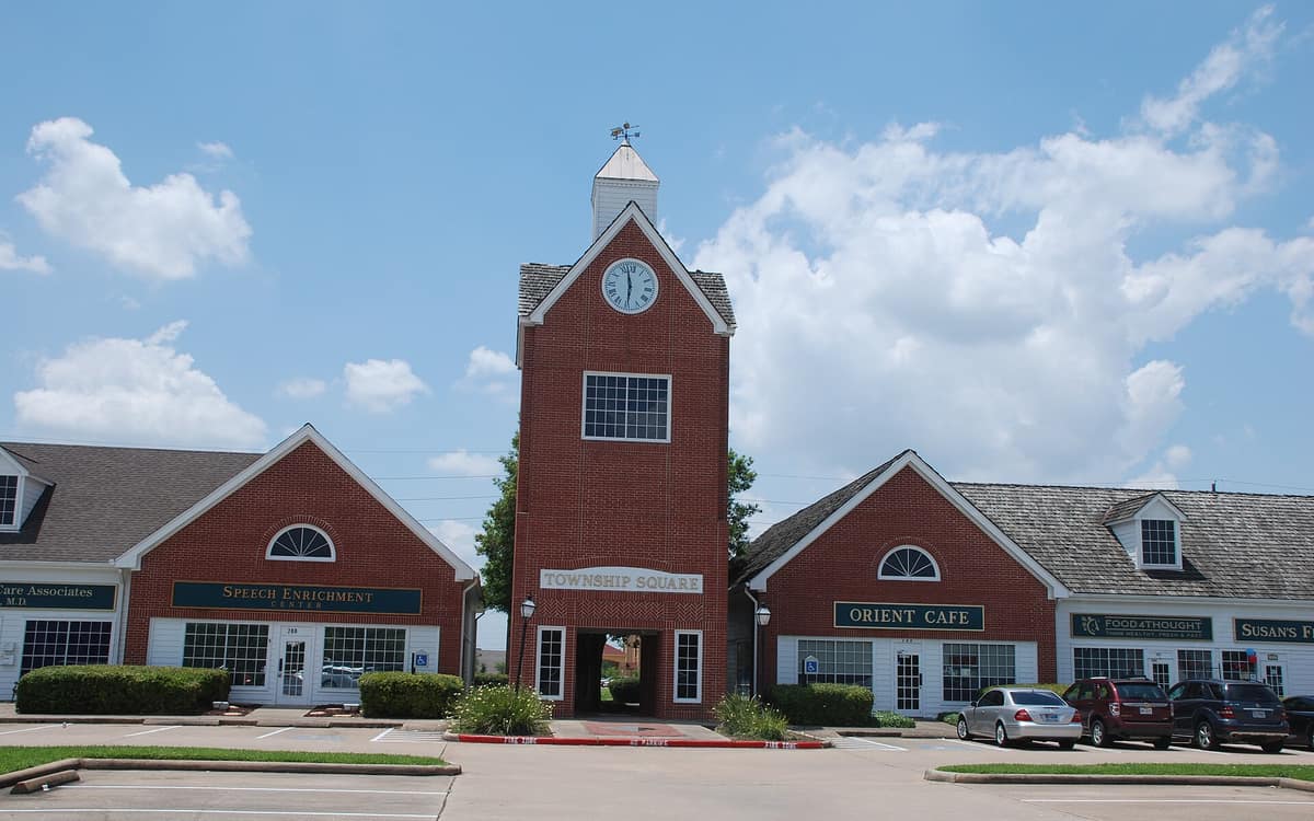 The clock tower at Township Square in Missouri City