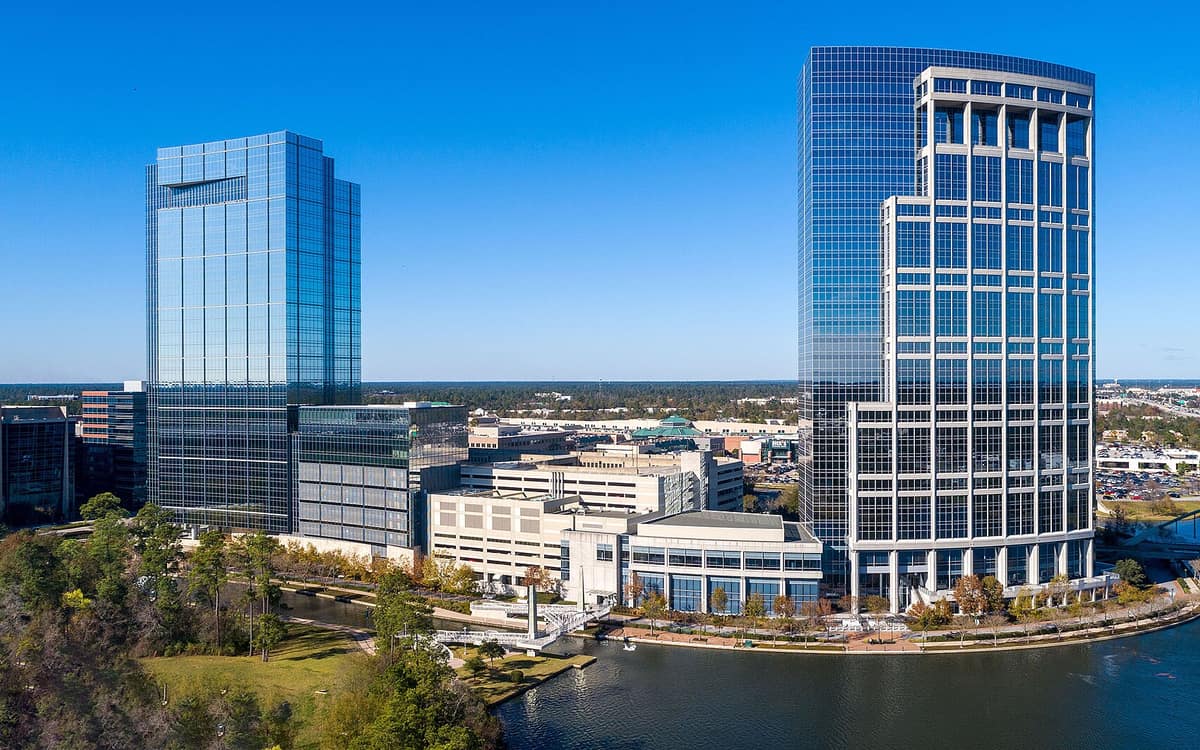 Office towers beside the Waterway in The Woodlands, Texas